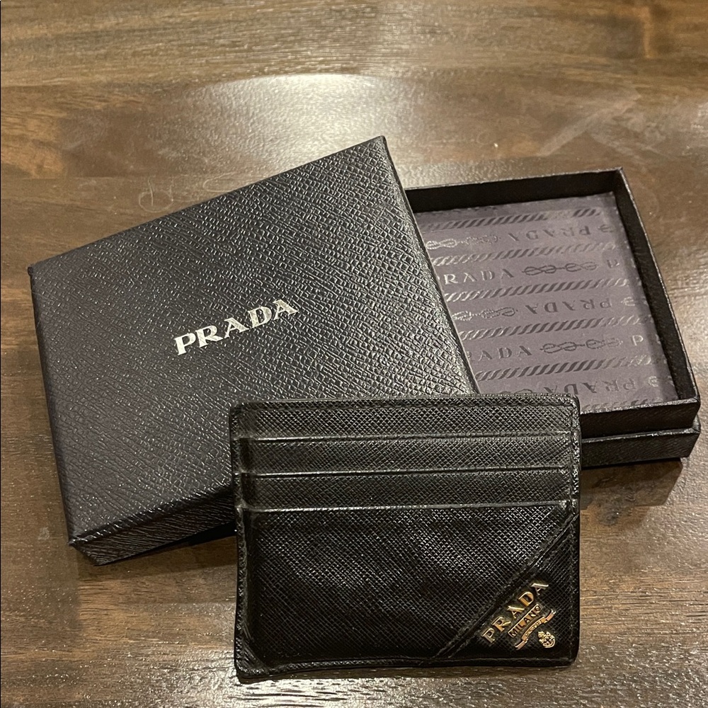 Prada Black Saffiano Leather Card Holder with Gold Logo Accent